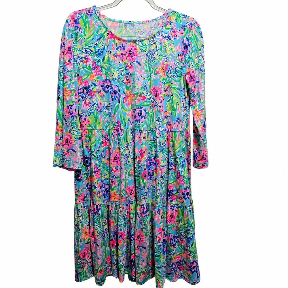 Lilly Pulitzer Womens Floral Tiered T-Shirt Dress Blue Pink 3/4 Sleeve Size M